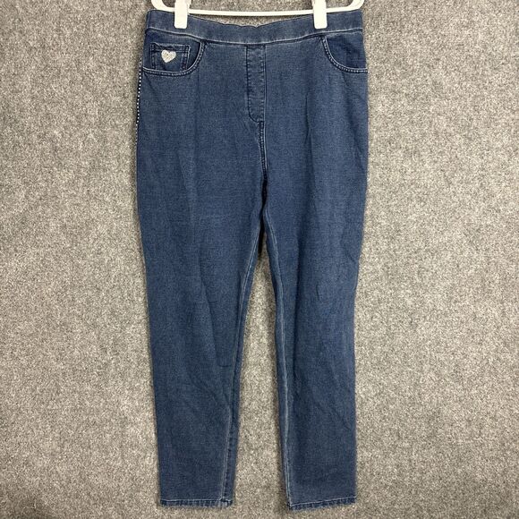 Quaker Factory Dream Jeannes Pants Womens Size L Blue Pull On Rhinestones Skinny - Picture 1 of 13